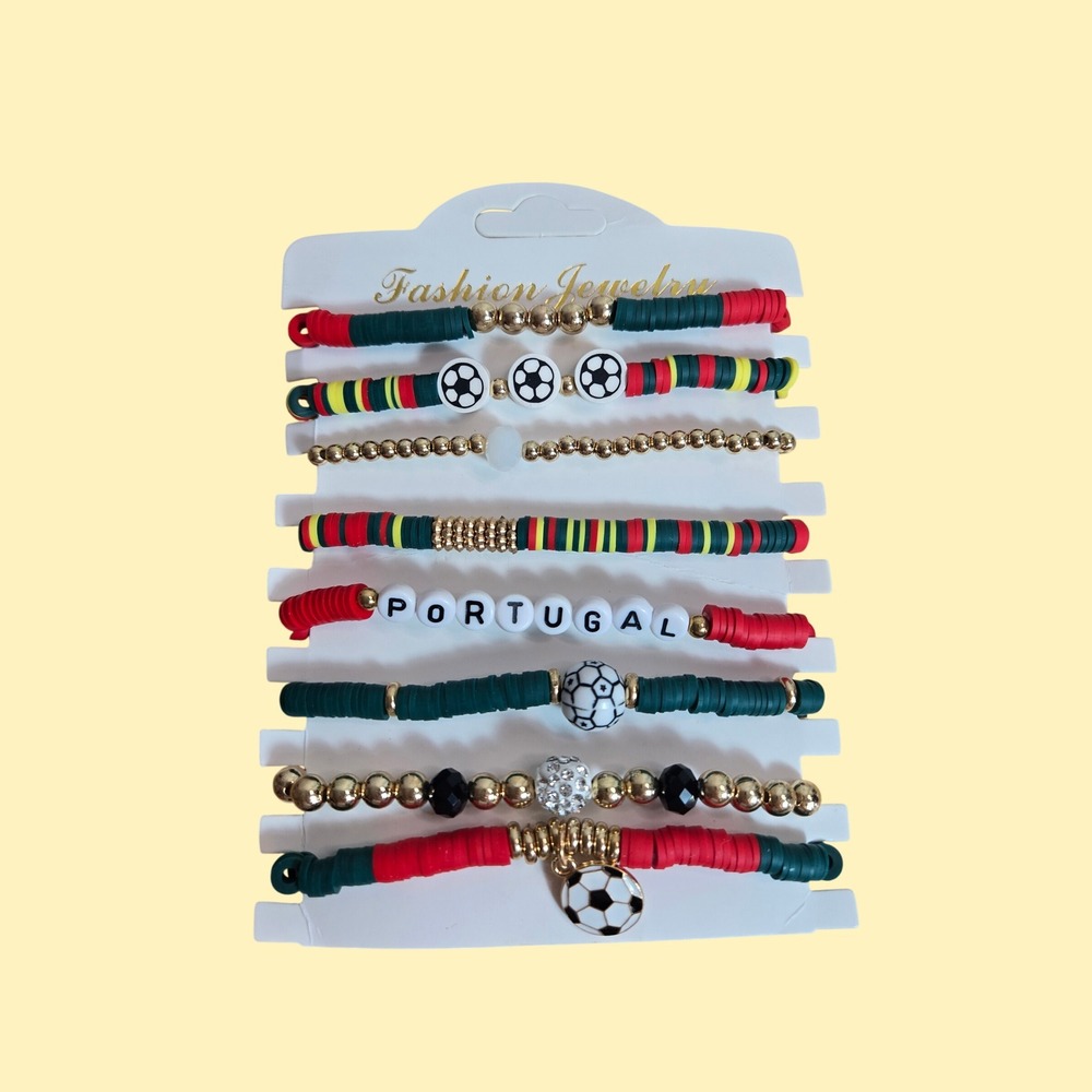 Portugal Soccer Fan Bracelet Set 8pc Red Green Heishi Bead World Cup Football